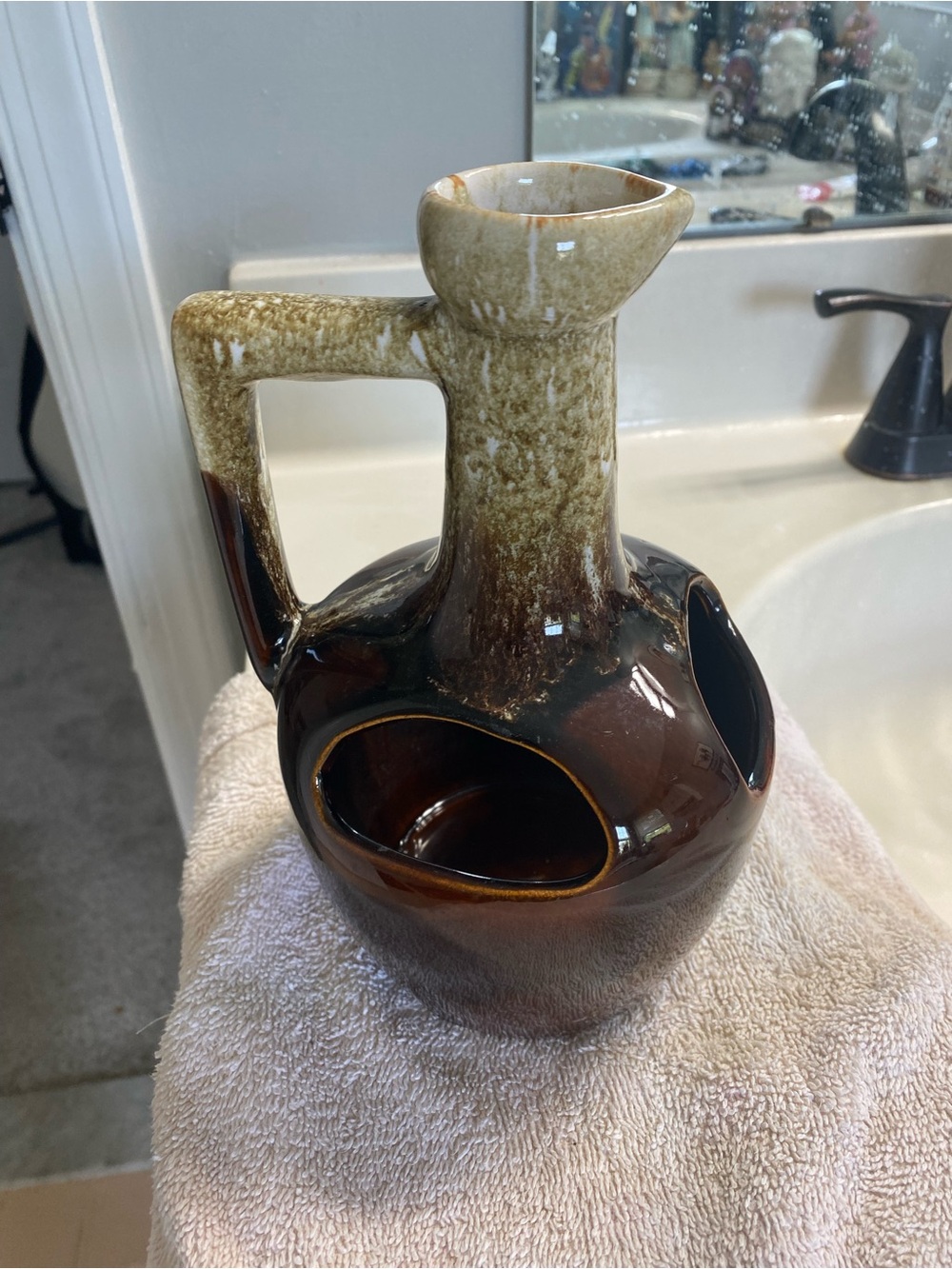 Vintage Two-Tone Ceramic Pitcher Vase in Brown /Cream for Growing Strawberries